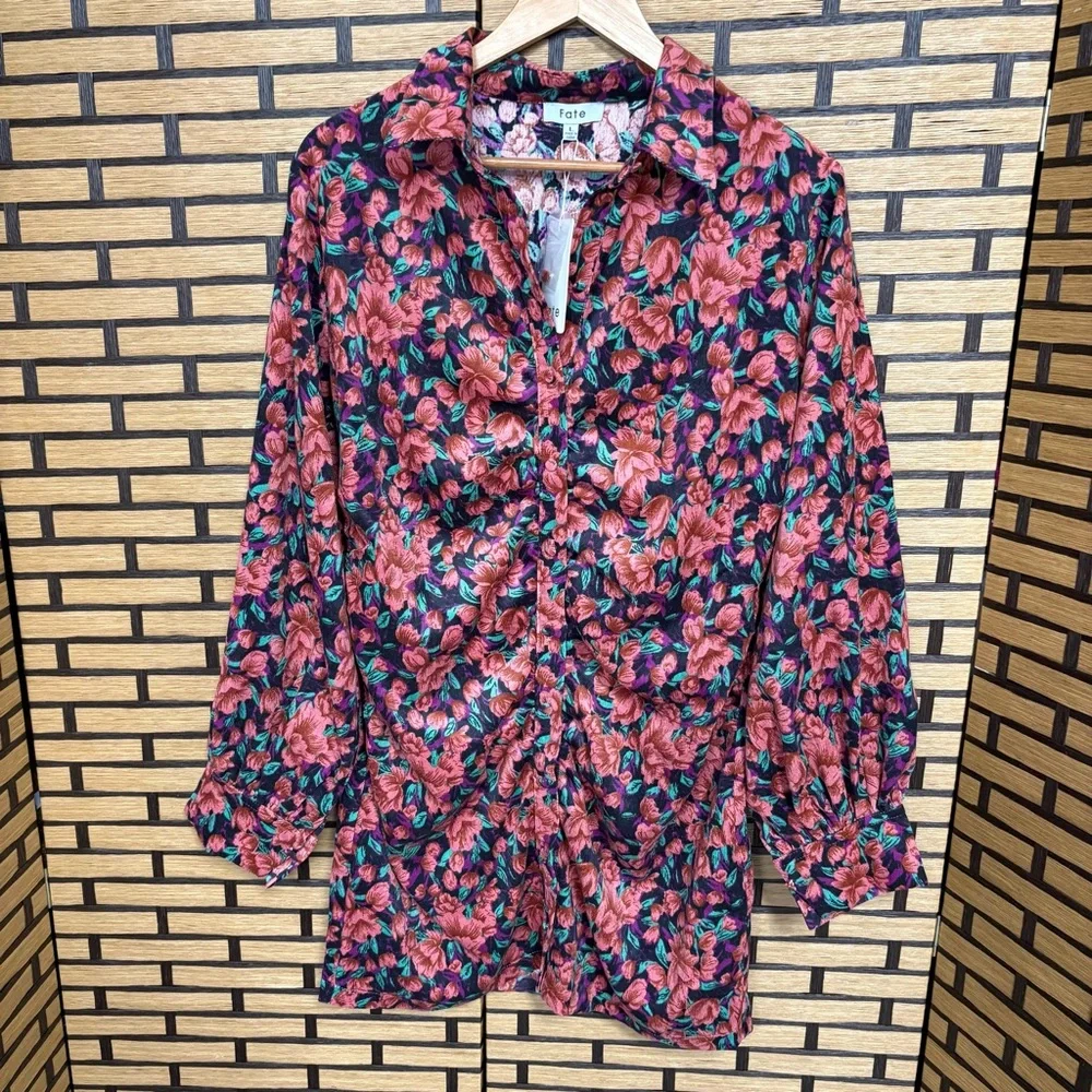 Fate Bohme Floral Button Down Ruched Dress Size Large - Picture 2 of 10
